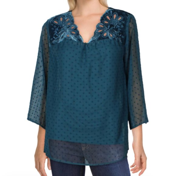 New Style & Co Velvet Eyelet Embroidered Swiss Dot Sheer Top Teal Size Medium - Picture 3 of 16